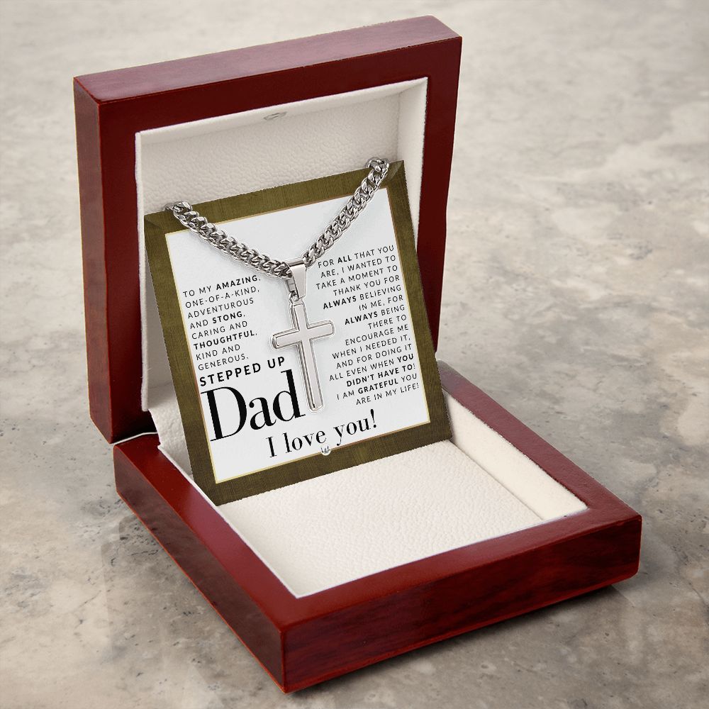 Gift For Stepped Up Dad - Step Dad Gift - Bonus Dad Gift - Cuban Chain with Artisan Cross Necklace - Christian Jewelry For Him For Father's Day, Christmas or His Birthday