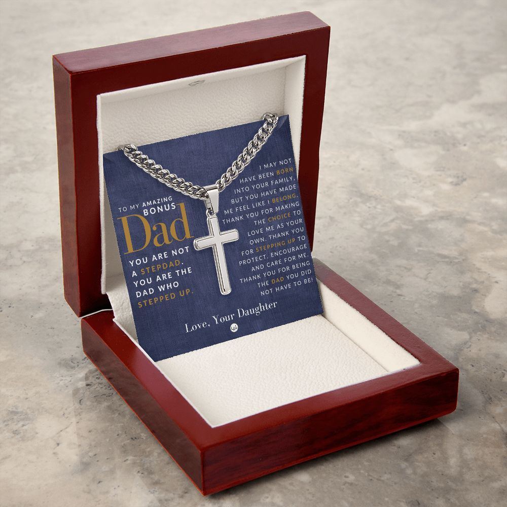 Gift For Bonus Dad, From Daughter - Cuban Chain with Artisan Cross Necklace - Christian Jewelry For Him For Father's Day, Christmas or His Birthday