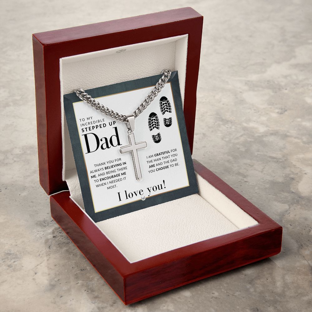 Stepped Up Dad Gift - Step Dad Gift - Bonus Dad Gift - Cuban Chain with Artisan Cross Necklace - Christian Jewelry For Him For Father's Day, Christmas or His Birthday