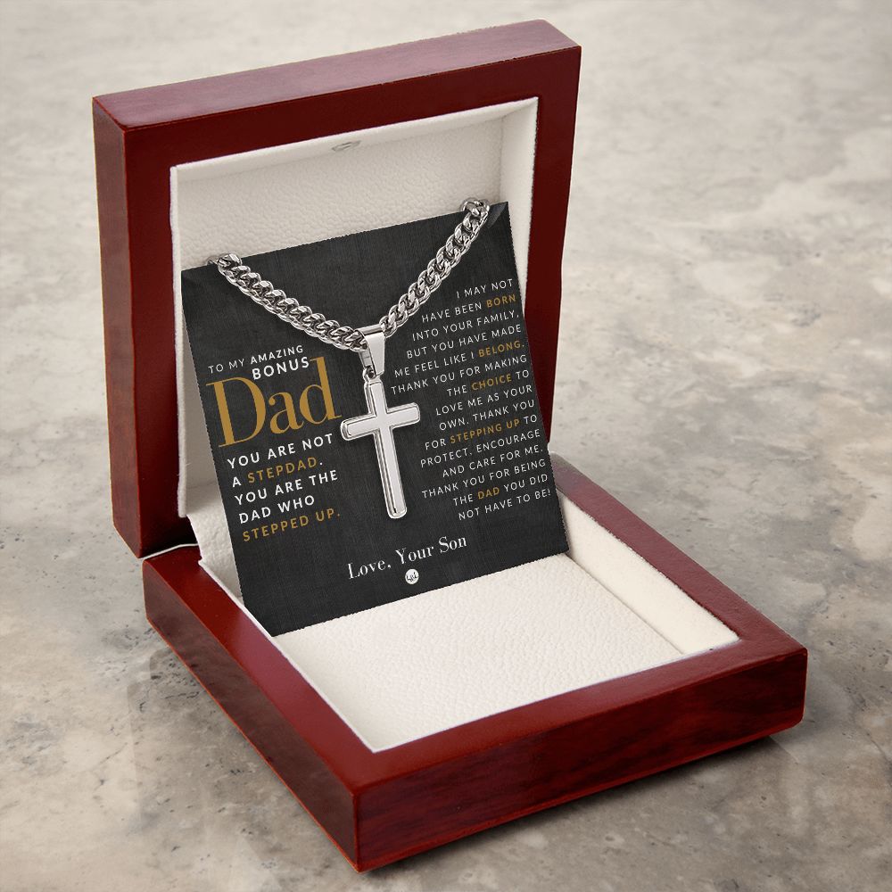 Gift For Bonus Dad, From Son - Men's Chain with Engravable Cross Necklace - Christian Jewelry For Dad For Father's Day, Christmas or His Birthday