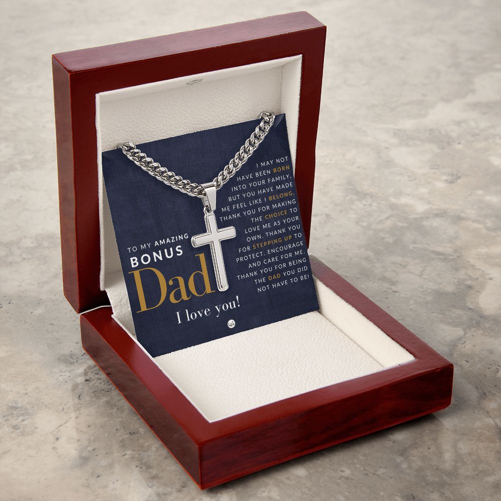 Gift For Bonus Dad - Step Dad Gift - Bonus Dad Gift - Cuban Chain with Artisan Cross Necklace - Christian Jewelry For Him For Father's Day, Christmas or His Birthday