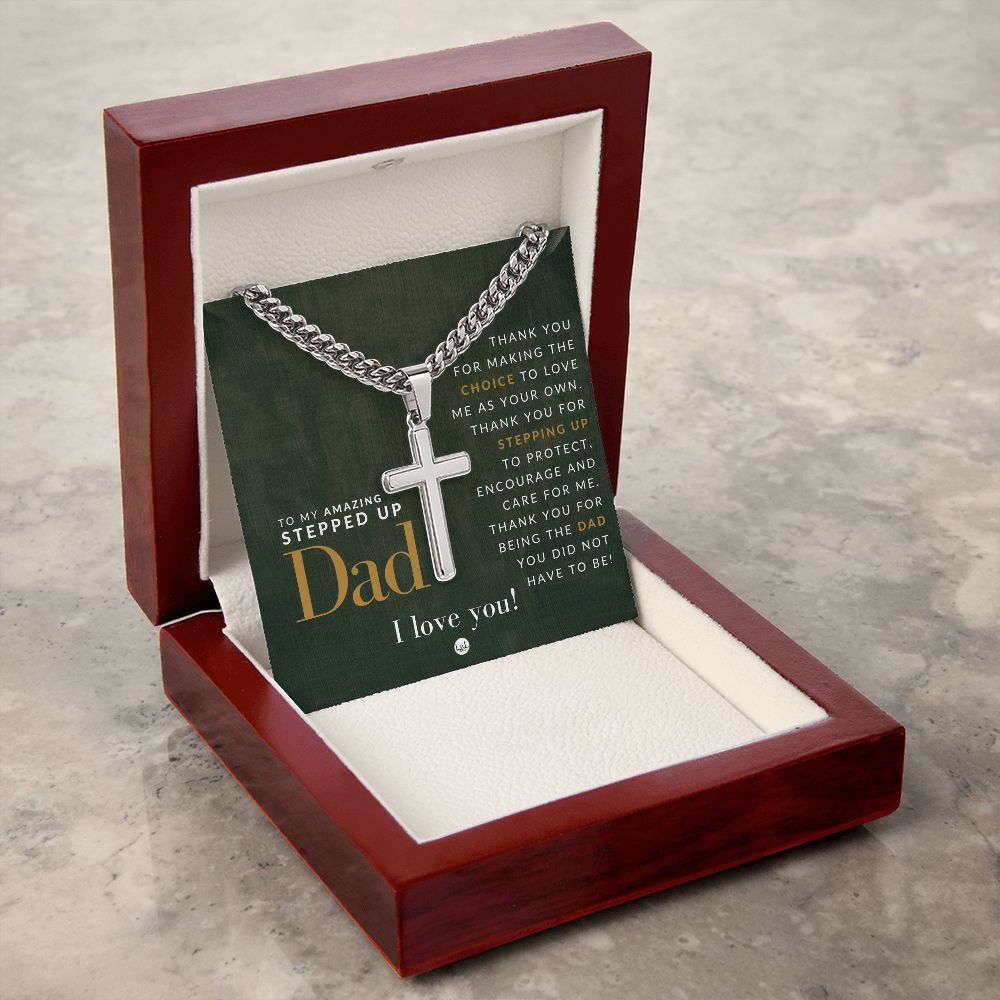 Gift For Your Step Dad - Bonus Dad Gift - Cuban Chain with Artisan Cross Necklace - Christian Jewelry For Him For Father's Day, Christmas or His Birthday