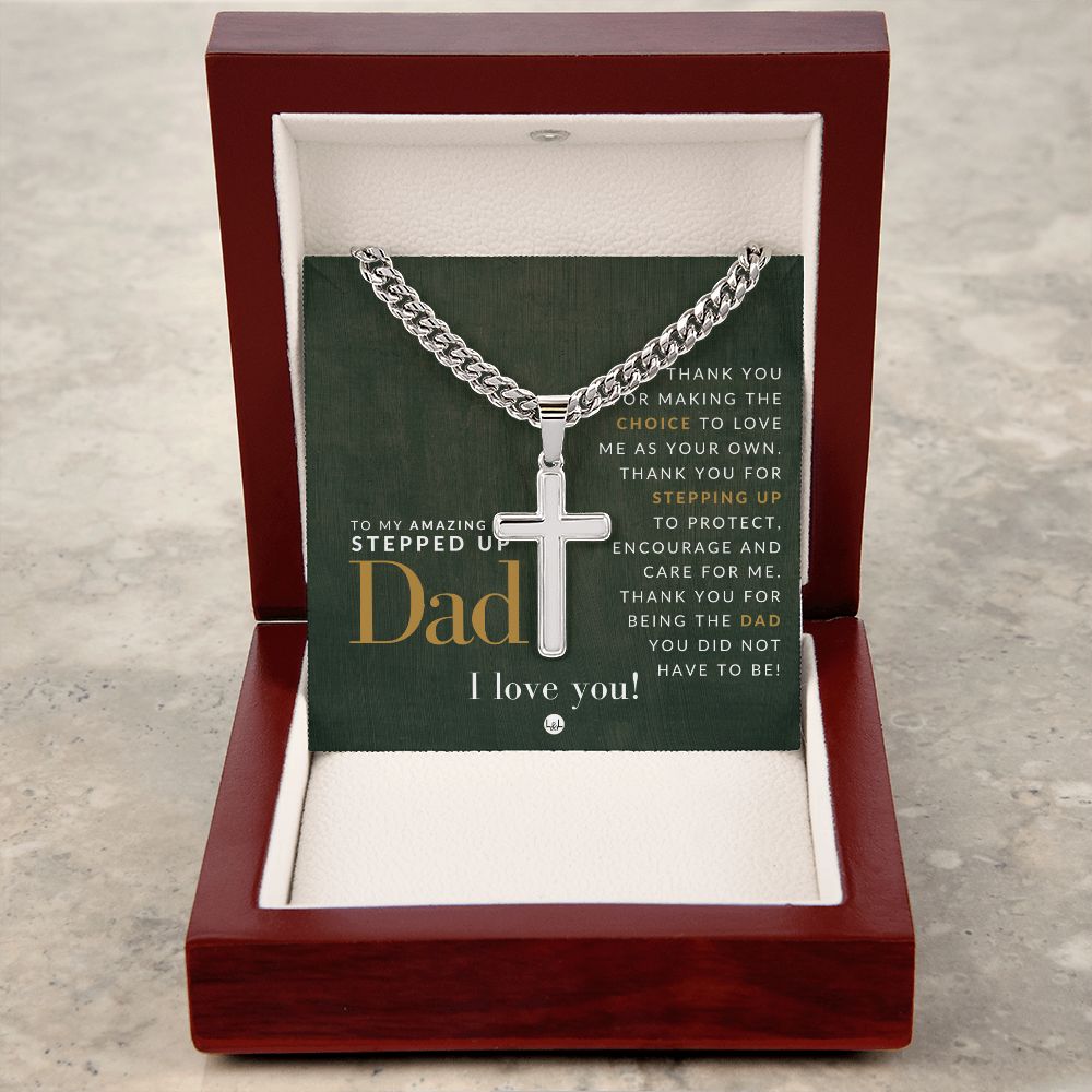 Gift For Your Step Dad - Bonus Dad Gift - Cuban Chain with Artisan Cross Necklace - Christian Jewelry For Him For Father's Day, Christmas or His Birthday