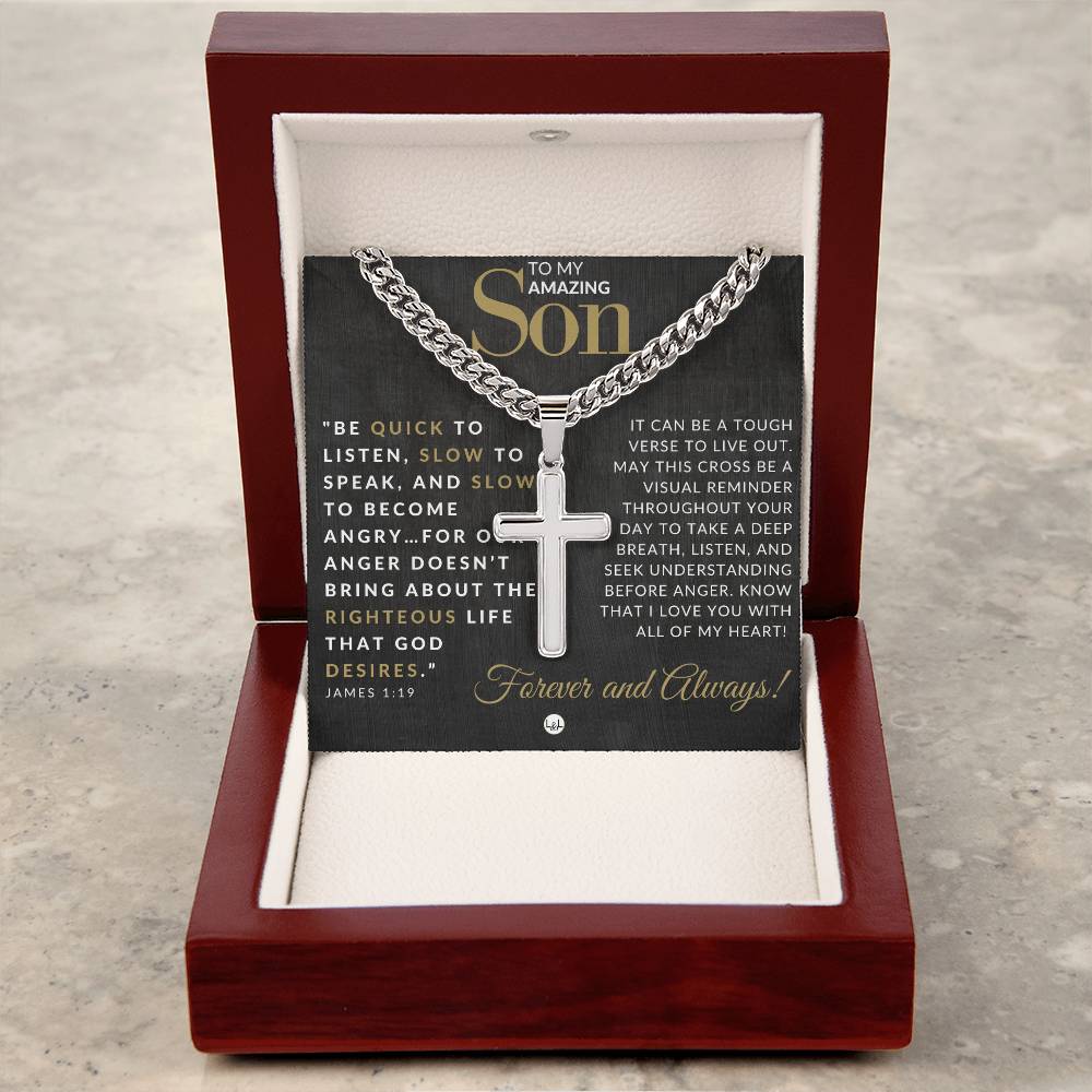 Son Gift - James 1:19 - Christian Encouragement - Christian Cross Pendant on Men's Chain Necklace - Great for Christmas, His Birthday, Baptism or Confirmation
