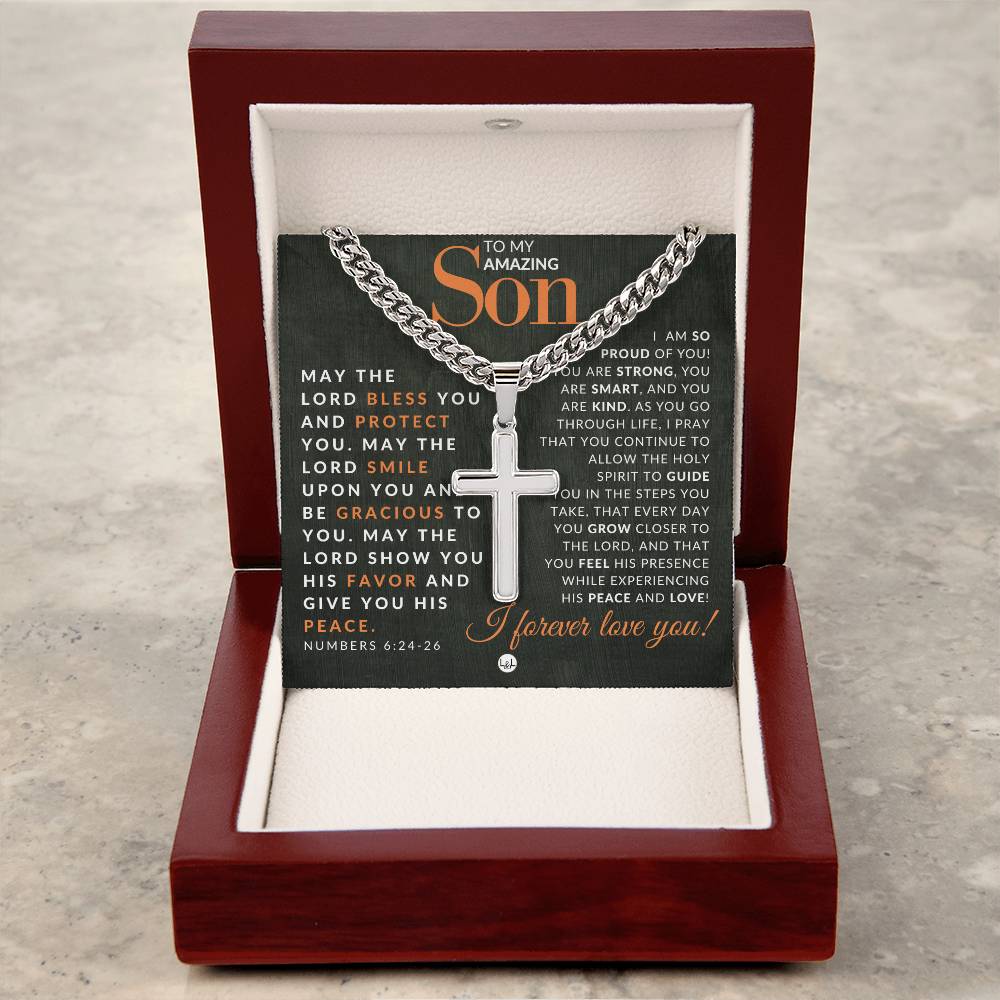 Son Gift - Numbers 6:24 - 26 - Christian Encouragement - Christian Cross Pendant on Men's Chain Necklace - Great for Christmas, His Birthday, Baptism or Confirmation
