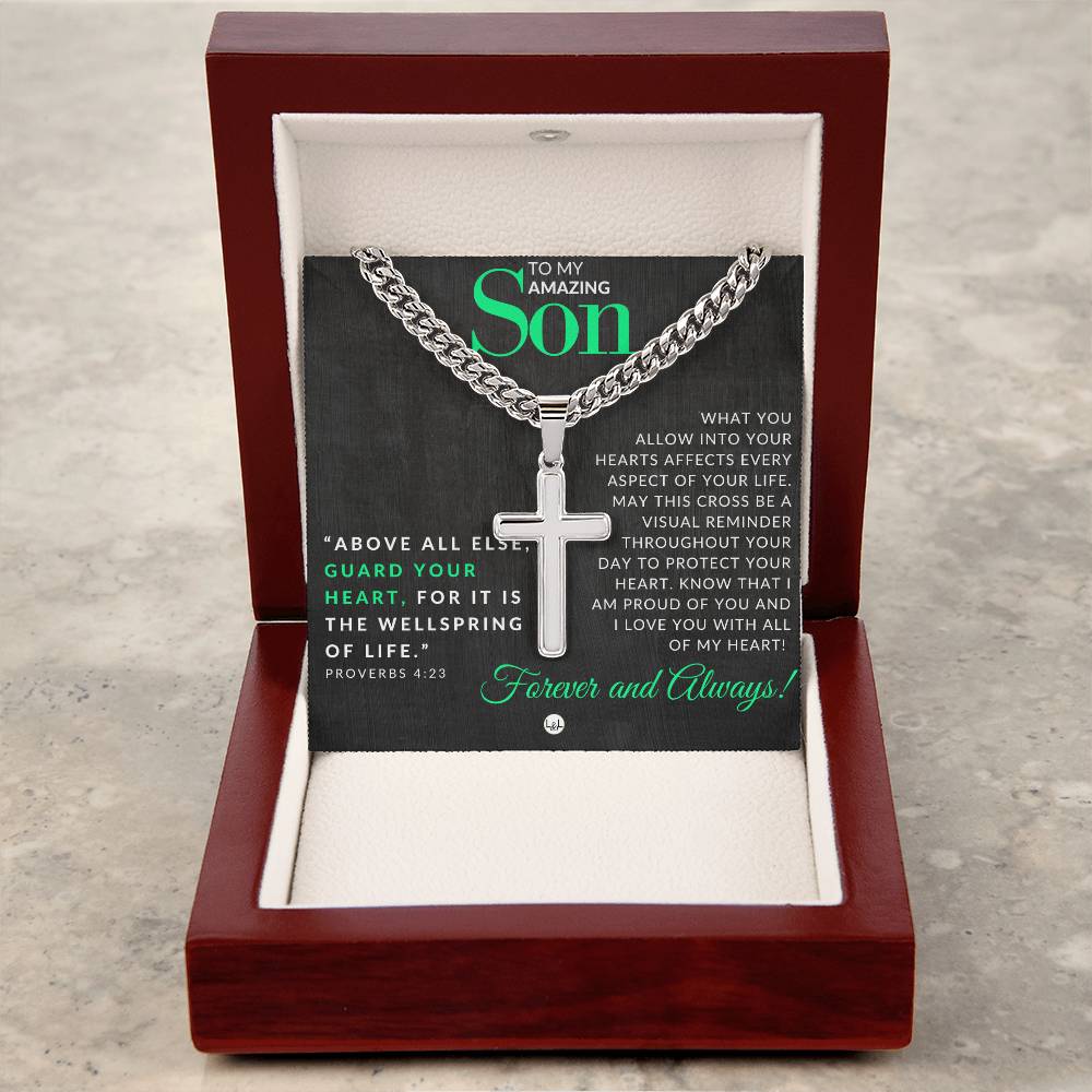 Son Gift - Proverbs 4:23 - Christian Encouragement - Christian Cross Pendant on Men's Chain Necklace - Great for Christmas, His Birthday, Baptism or Confirmation