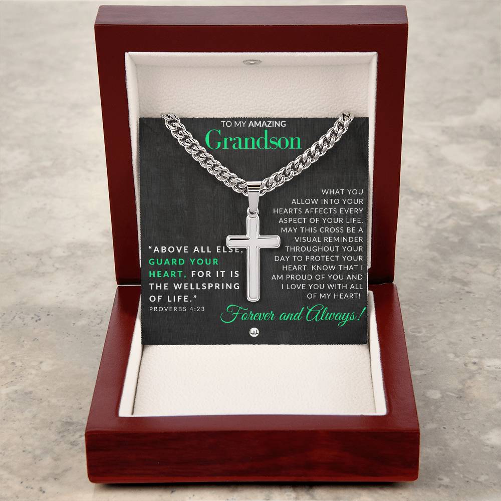 Grandson Gift - Proverbs 4:23 - Christian Encouragement - Christian Cross Pendant on Men's Chain Necklace - Great for Christmas, His Birthday, Baptism or Confirmation