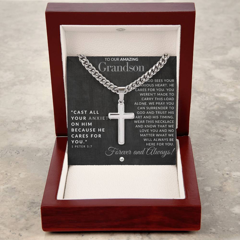 Gift For Our Grandson - 1 Peter 5:7 - Christian Encouragement - Christian Cross Pendant on Men's Chain Necklace - Great for Christmas, His Birthday, Baptism or Confirmation