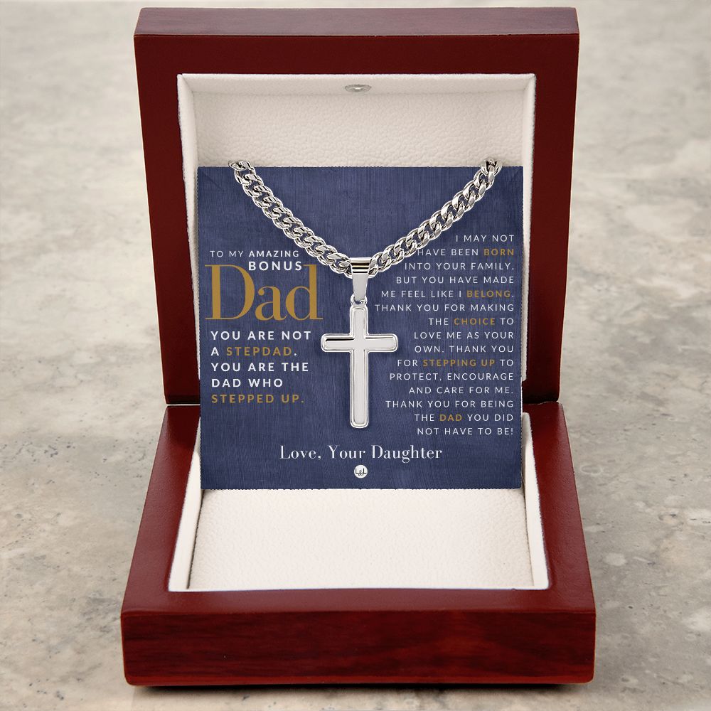 Gift For Bonus Dad, From Daughter - Cuban Chain with Artisan Cross Necklace - Christian Jewelry For Him For Father's Day, Christmas or His Birthday