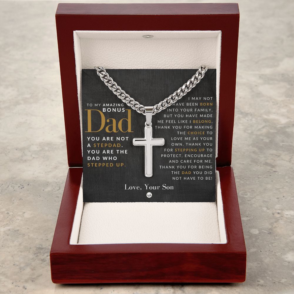 Gift For Bonus Dad, From Son - Step Dad Gift - Bonus Dad Gift - Cuban Chain with Artisan Cross Necklace - Christian Jewelry For Him For Father's Day, Christmas or His Birthday