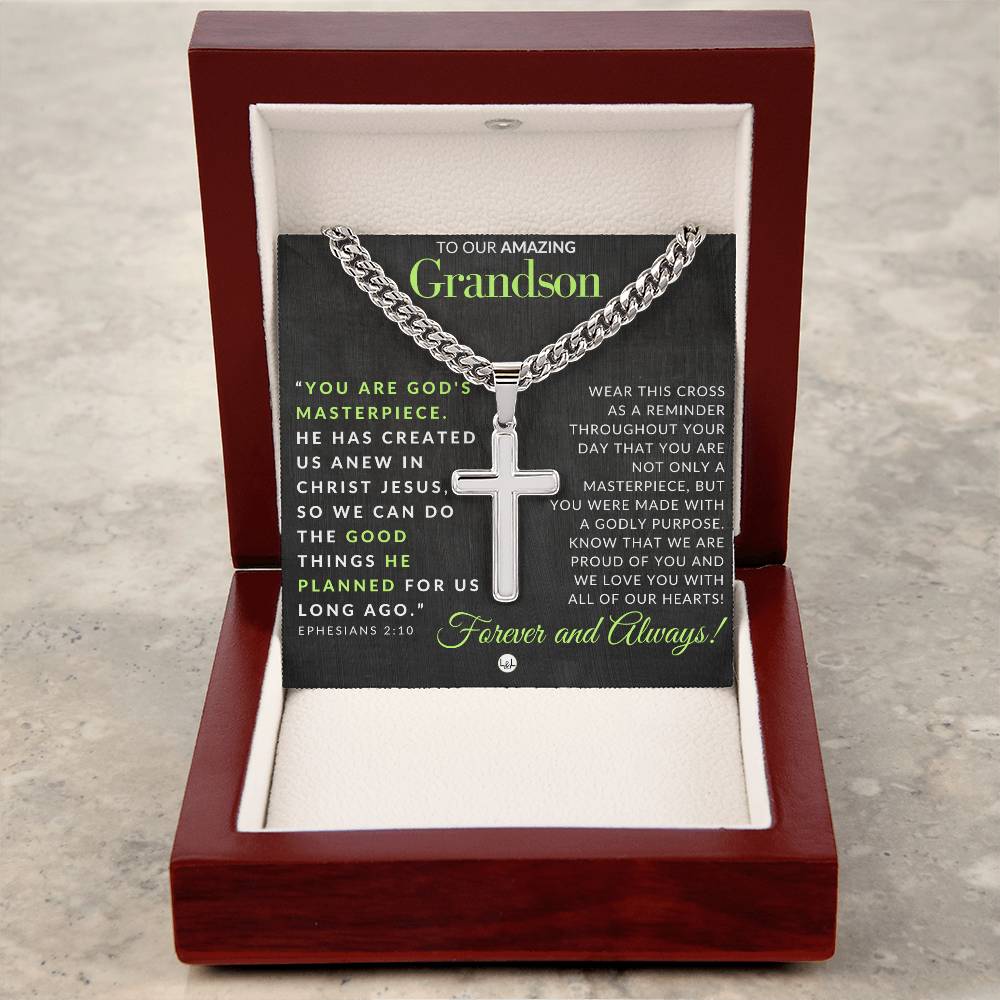 Gift For Our Grandson - Ephesians 2:10 - Christian Encouragement - Christian Cross Pendant on Men's Chain Necklace - Great for Christmas, His Birthday, Baptism or Confirmation