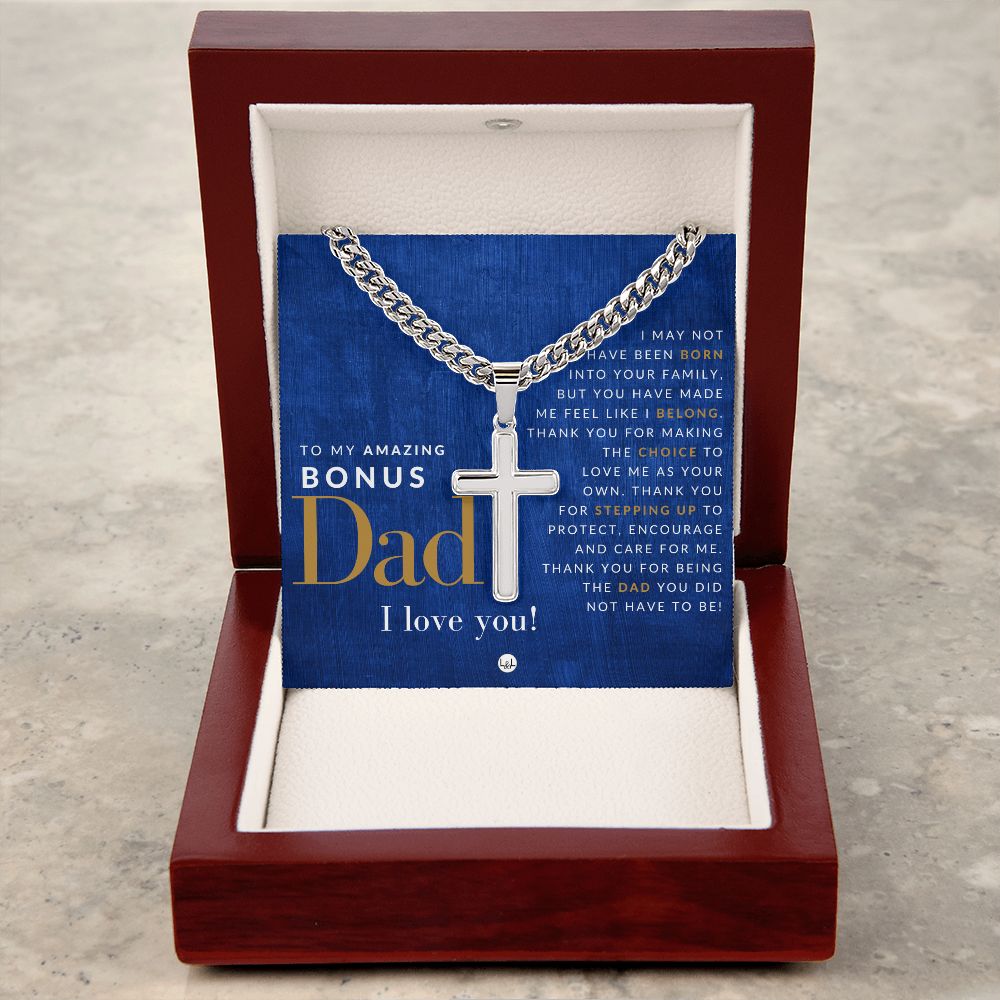 Gift For Bonus Dad - Men's Chain with Engravable Cross Necklace - Christian Jewelry For Dad For Father's Day, Christmas or His Birthday