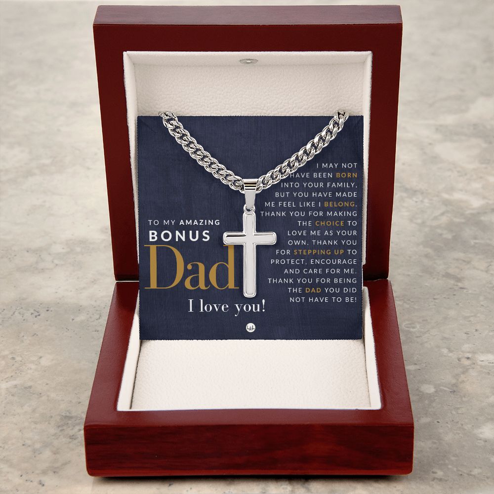Gift For Bonus Dad - Step Dad Gift - Bonus Dad Gift - Cuban Chain with Artisan Cross Necklace - Christian Jewelry For Him For Father's Day, Christmas or His Birthday