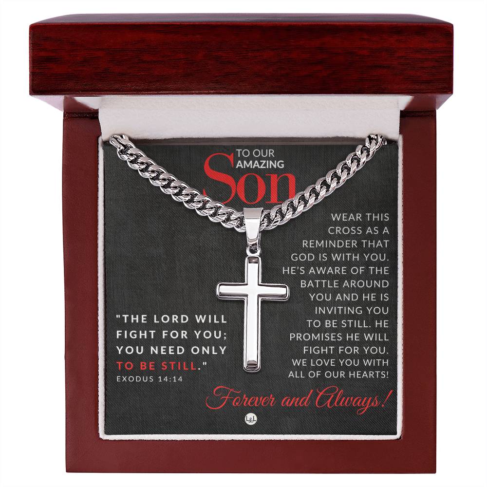 Exodus 14:14 - Christian Cross Pendant Necklace - Gift For Our Son - Liliana and Liam