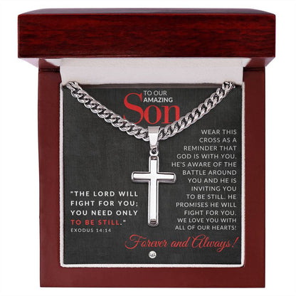 Exodus 14:14 - Christian Cross Pendant Necklace - Gift For Our Son - Liliana and Liam