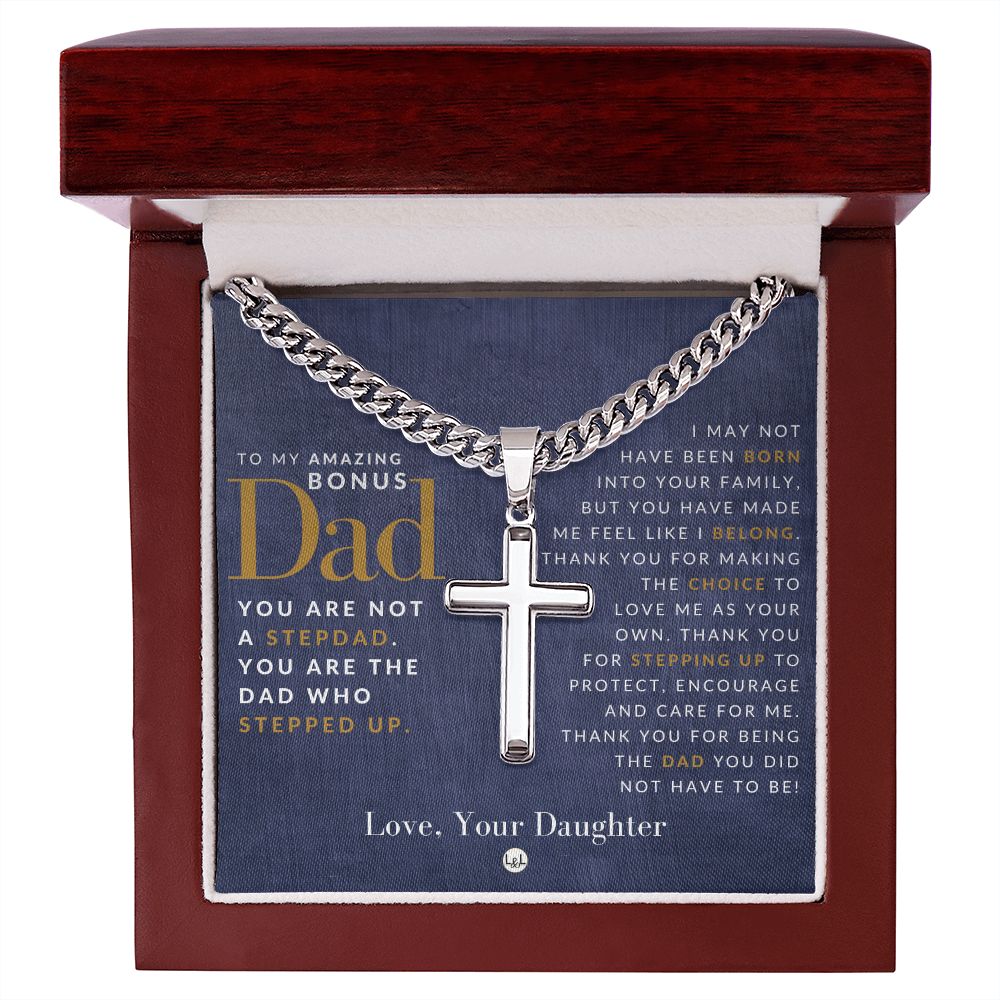 Gift For Bonus Dad, From Daughter - Cuban Chain with Artisan Cross Necklace - Christian Jewelry For Him For Father's Day, Christmas or His Birthday