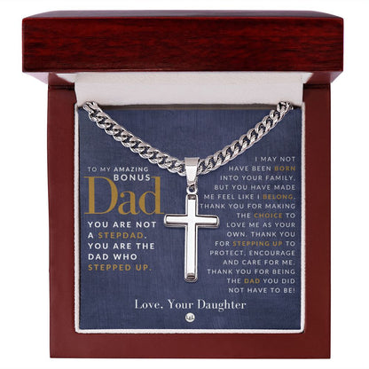 Bonus Dad, From Daughter - Cuban Chain with Artisan Cross Necklace - Gift for Step (Bonus) Dad - Liliana and Liam