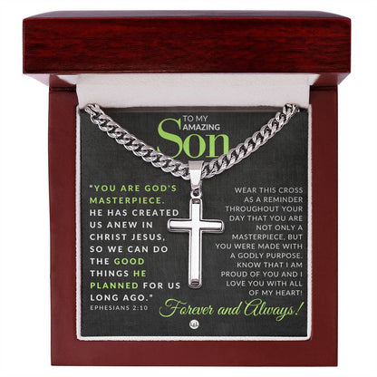 Ephesians 2:10 - Christian Cross Pendant Necklace - Gift For Son - Liliana and Liam