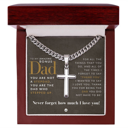 Bonus Dad, From Daughter - Engravable Christian Cross Necklace - Liliana and Liam