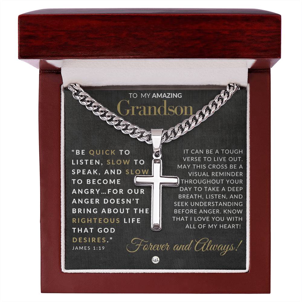 James 1:19 - Christian Cross Pendant Necklace - Gift For Grandson - Liliana and Liam