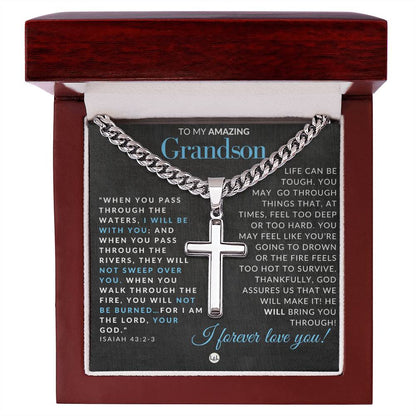 Isaiah 43:2-3 - Christian Cross Pendant Necklace - Gift For Grandson - Liliana and Liam