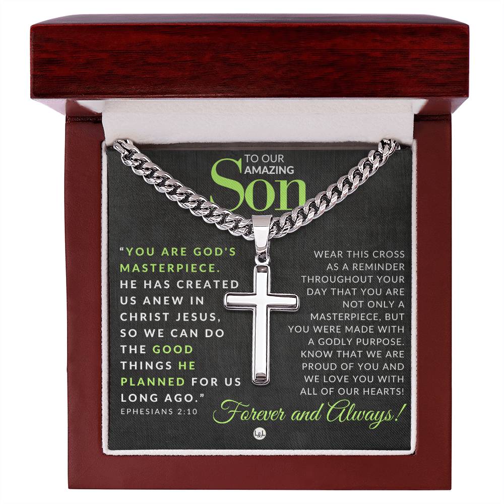 Ephesians 2:10 - Christian Cross Pendant Necklace - Gift For Our Son - Liliana and Liam