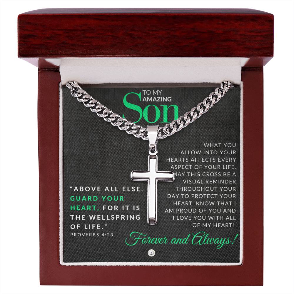 Son Gift - Proverbs 4:23 - Christian Encouragement - Christian Cross Pendant on Men's Chain Necklace - Great for Christmas, His Birthday, Baptism or Confirmation