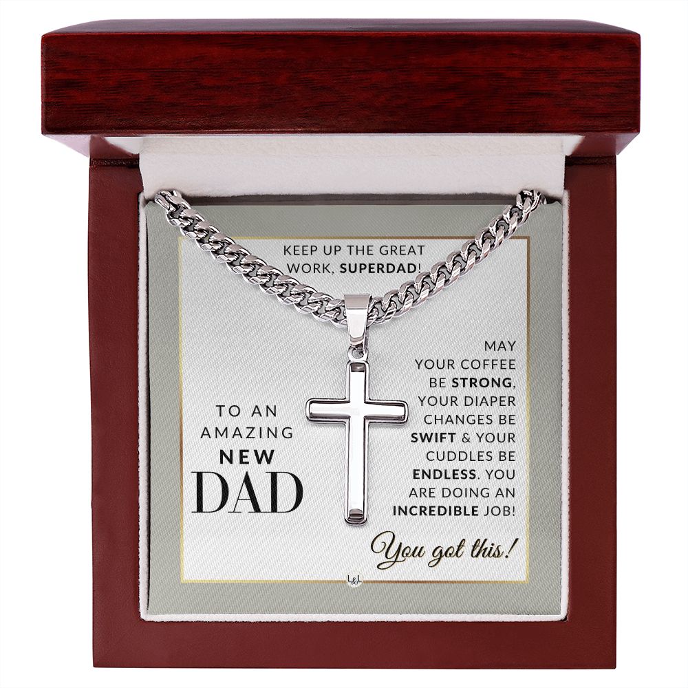 New Dad Gift - Men's Chain with Engravable Cross Necklace - Christian Jewelry For New Dad For Father's Day, Christmas or His Birthday