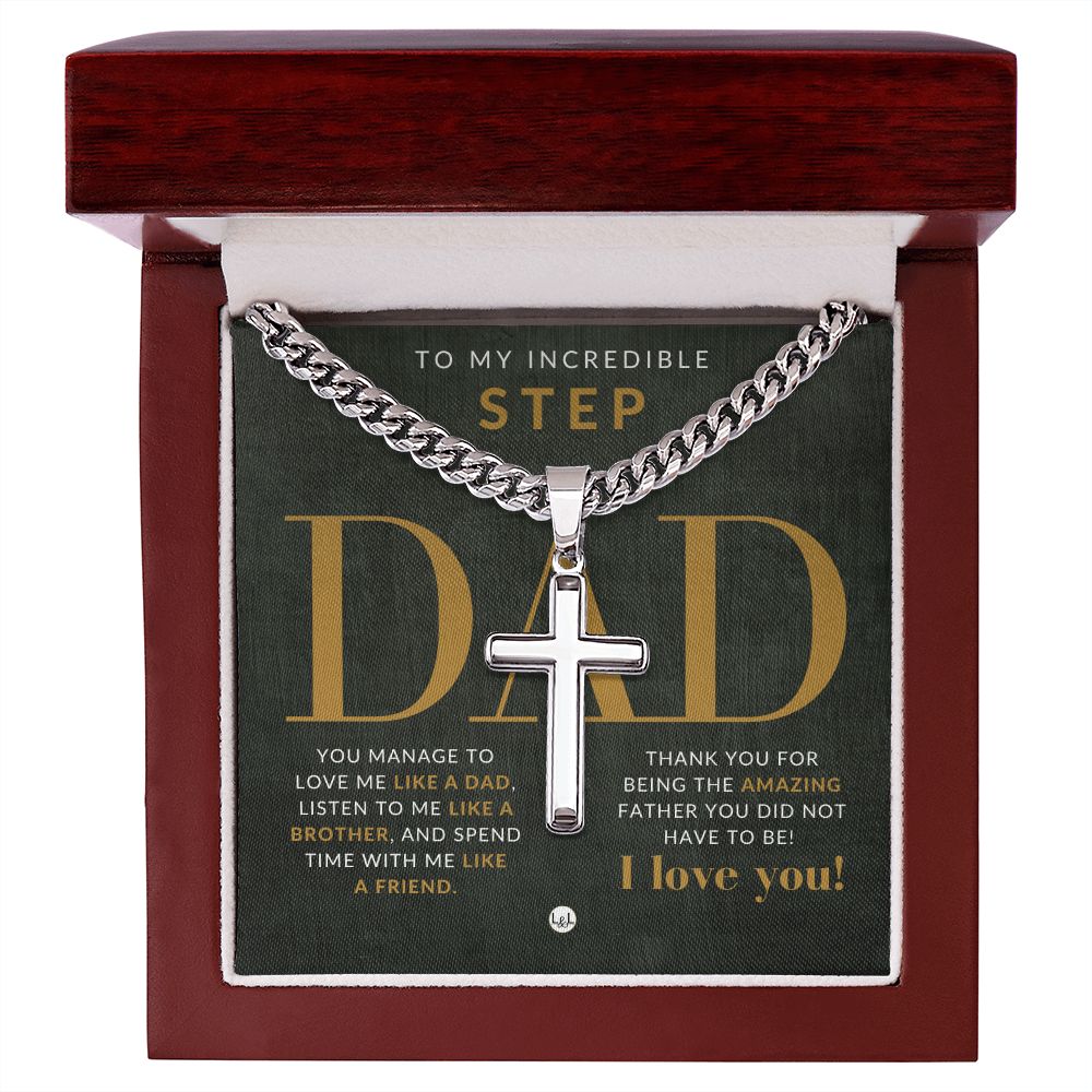 Step Dad Gift - Bonus Dad Gift - Cuban Chain with Artisan Cross Necklace - Christian Jewelry For Him For Father's Day, Christmas or His Birthday