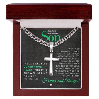 Proverbs 4:23 - Christian Cross Pendant Necklace - Gift For Our Son - Liliana and Liam
