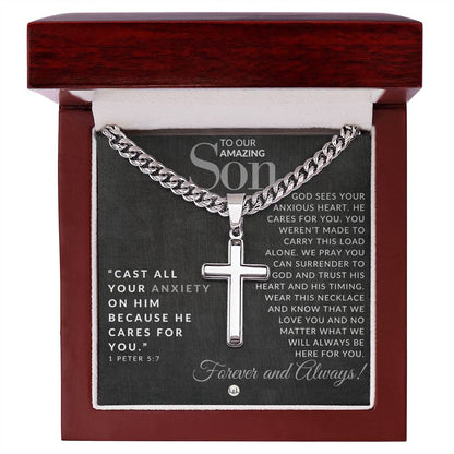 1 Peter 5:7 - Christian Cross Pendant Necklace - Gift For Our Son - Liliana and Liam