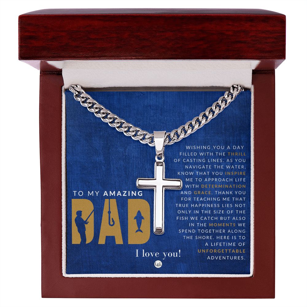 Your Fishing Dad - Engravable Christian Cross Necklace - Liliana and Liam