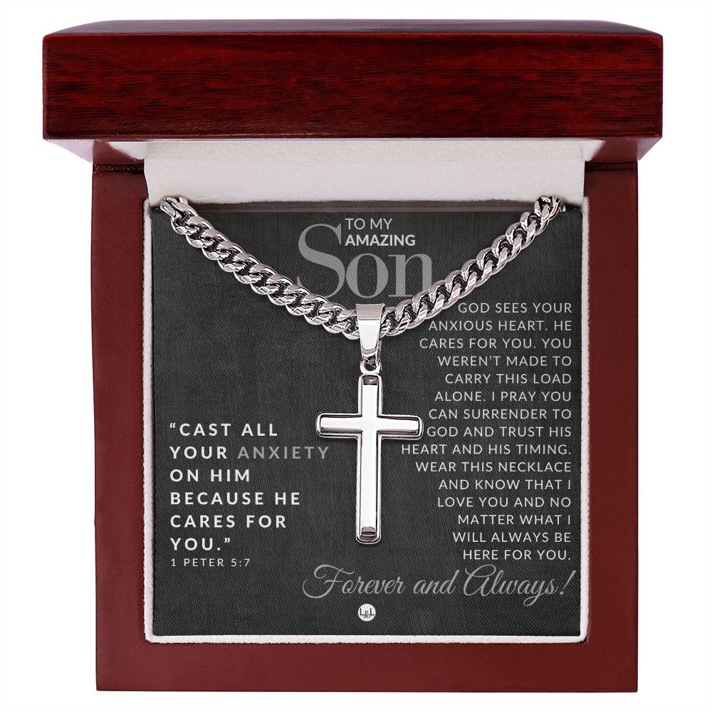 1 Peter 5:7 - Christian Cross Pendant Necklace - Gift For Son - Liliana and Liam