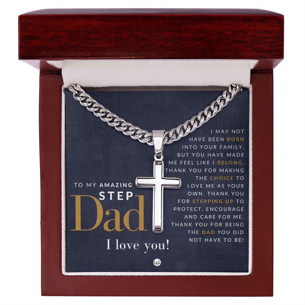 Step Dad Present - Step Dad Gift - Bonus Dad Gift - Cuban Chain with Artisan Cross Necklace - Christian Jewelry For Him For Father's Day, Christmas or His Birthday