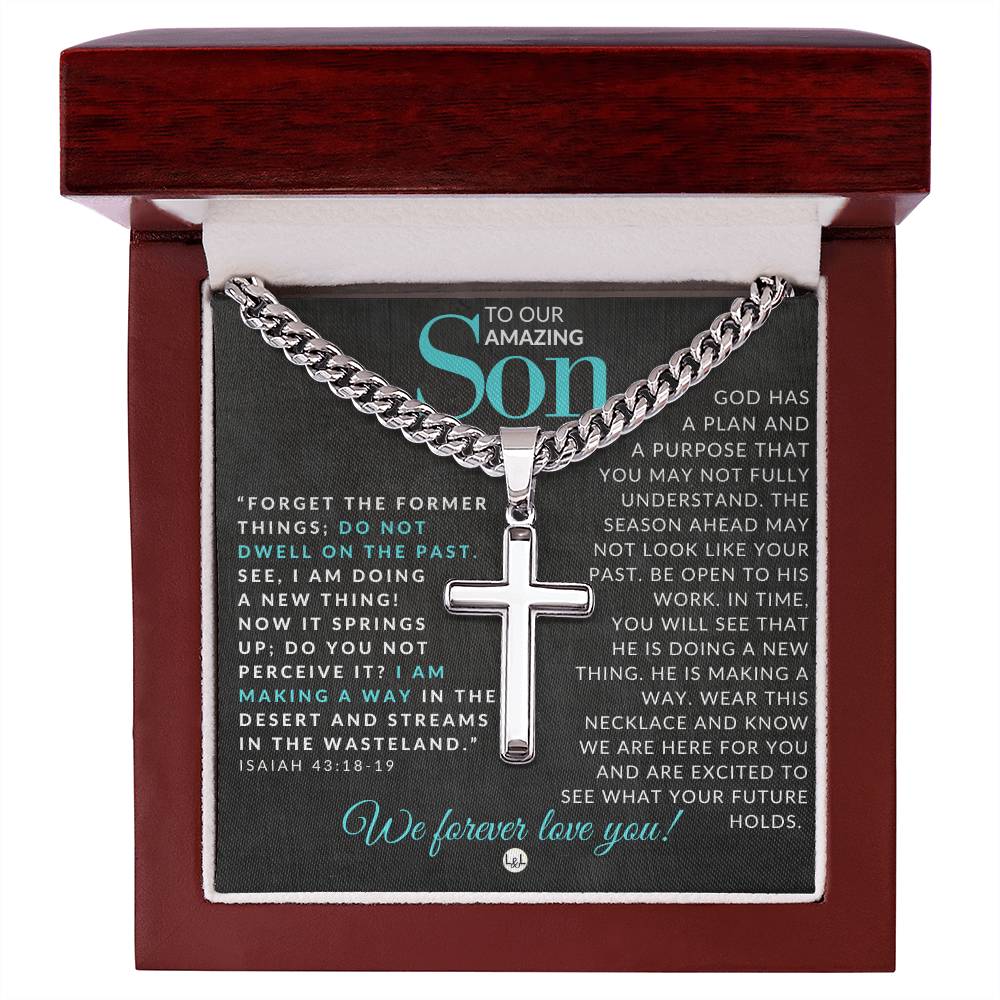 Isaiah 43:18 - 19 - Christian Cross Pendant Necklace - Gift For Our Son - Liliana and Liam