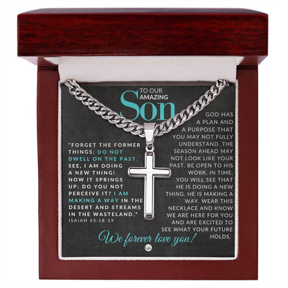Isaiah 43:18 - 19 - Christian Cross Pendant Necklace - Gift For Our Son - Liliana and Liam