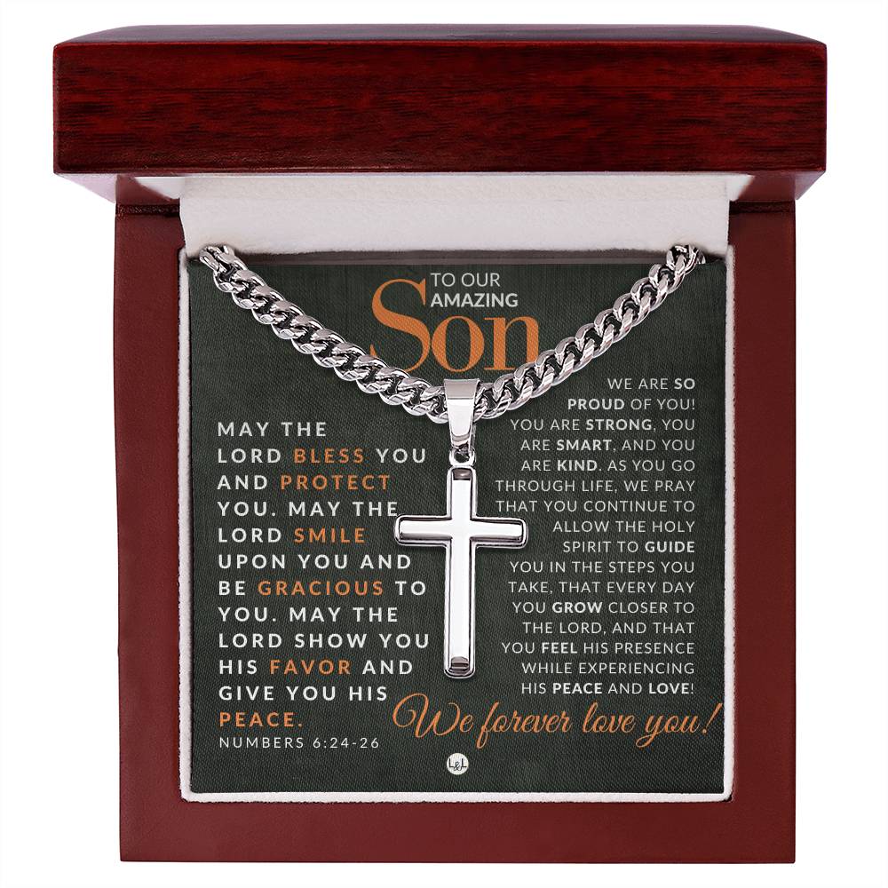 Gift For Our Son - Numbers 6:24 - 26 - Christian Encouragement - Christian Cross Pendant on Men's Chain Necklace - Great for Christmas, His Birthday, Baptism or Confirmation