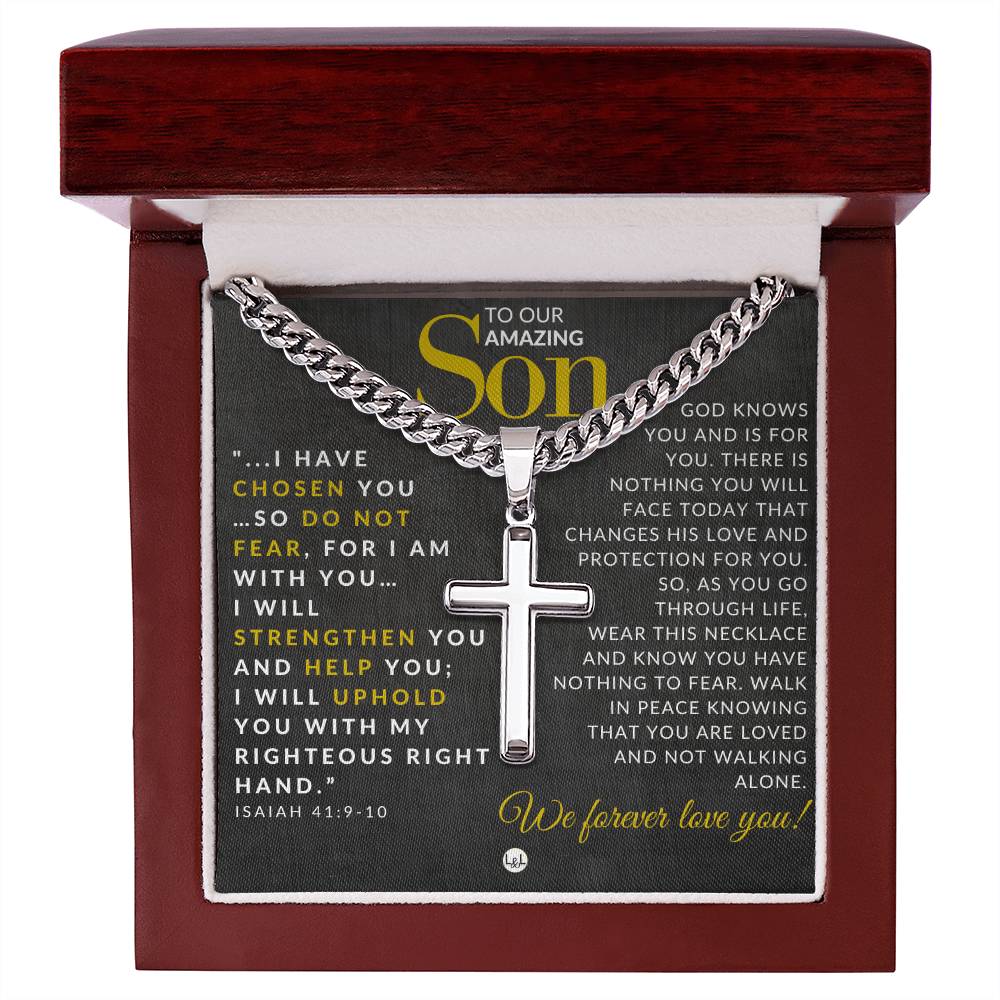 Isaiah 41:9 - 10 - Christian Cross Pendant Necklace - Gift For Our Son - Liliana and Liam