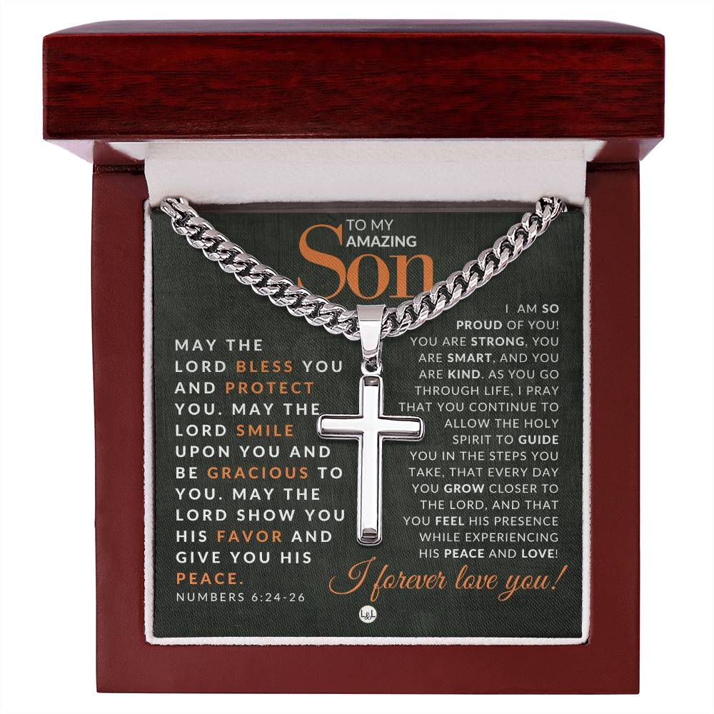 Son Gift - Numbers 6:24 - 26 - Christian Encouragement - Christian Cross Pendant on Men's Chain Necklace - Great for Christmas, His Birthday, Baptism or Confirmation