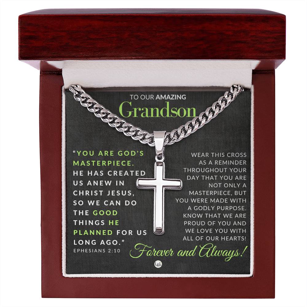 Gift For Our Grandson - Ephesians 2:10 - Christian Encouragement - Christian Cross Pendant on Men's Chain Necklace - Great for Christmas, His Birthday, Baptism or Confirmation