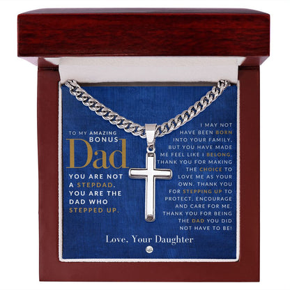 Bonus Dad, From Daughter - Engravable Christian Cross Necklace - Liliana and Liam