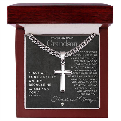 1 Peter 5:7 - Christian Cross Pendant Necklace - Gift For Our Grandson - Liliana and Liam
