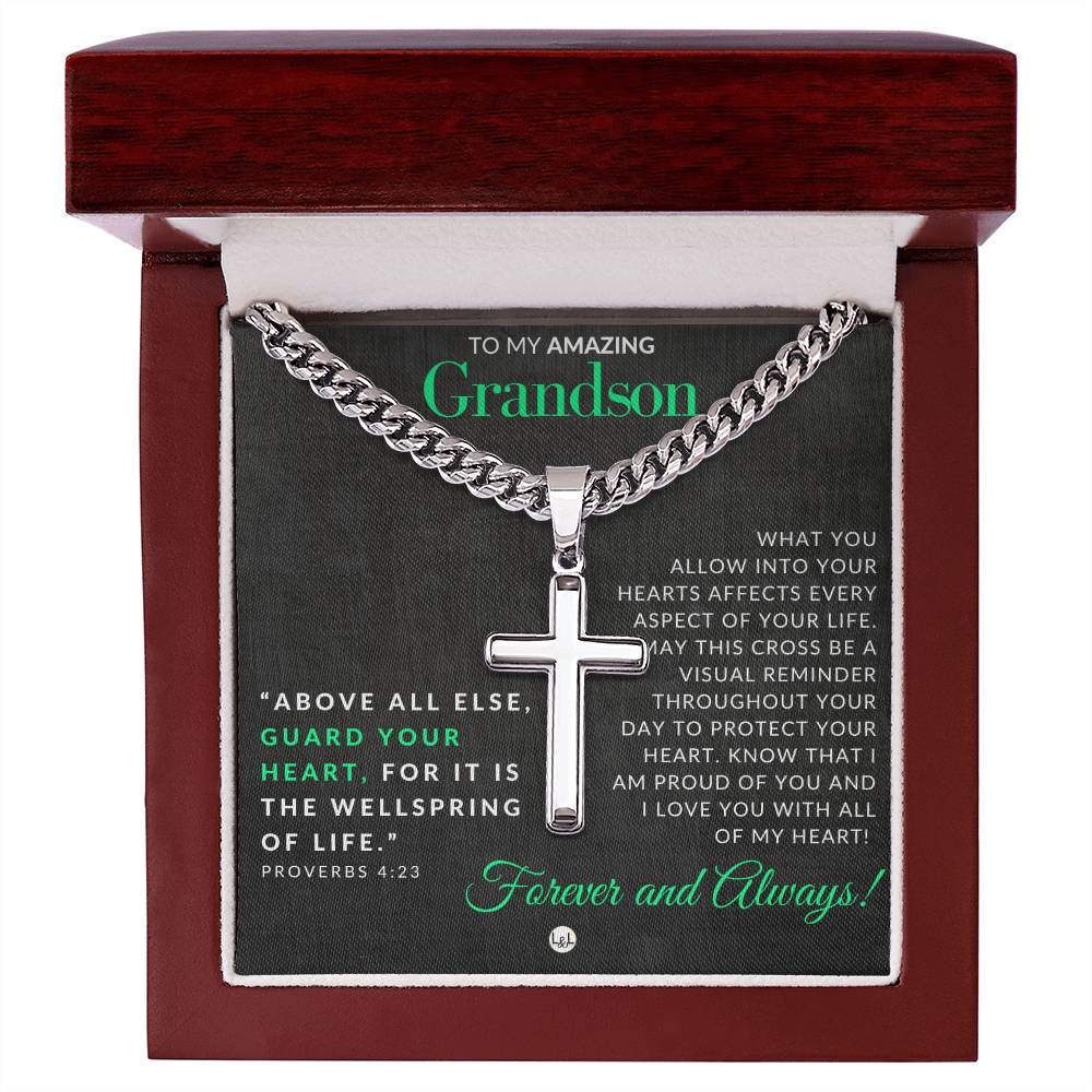 Grandson Gift - Proverbs 4:23 - Christian Encouragement - Christian Cross Pendant on Men's Chain Necklace - Great for Christmas, His Birthday, Baptism or Confirmation