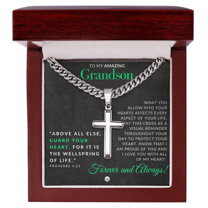 Proverbs 4:23 - Christian Cross Pendant Necklace - Gift For Grandson - Liliana and Liam