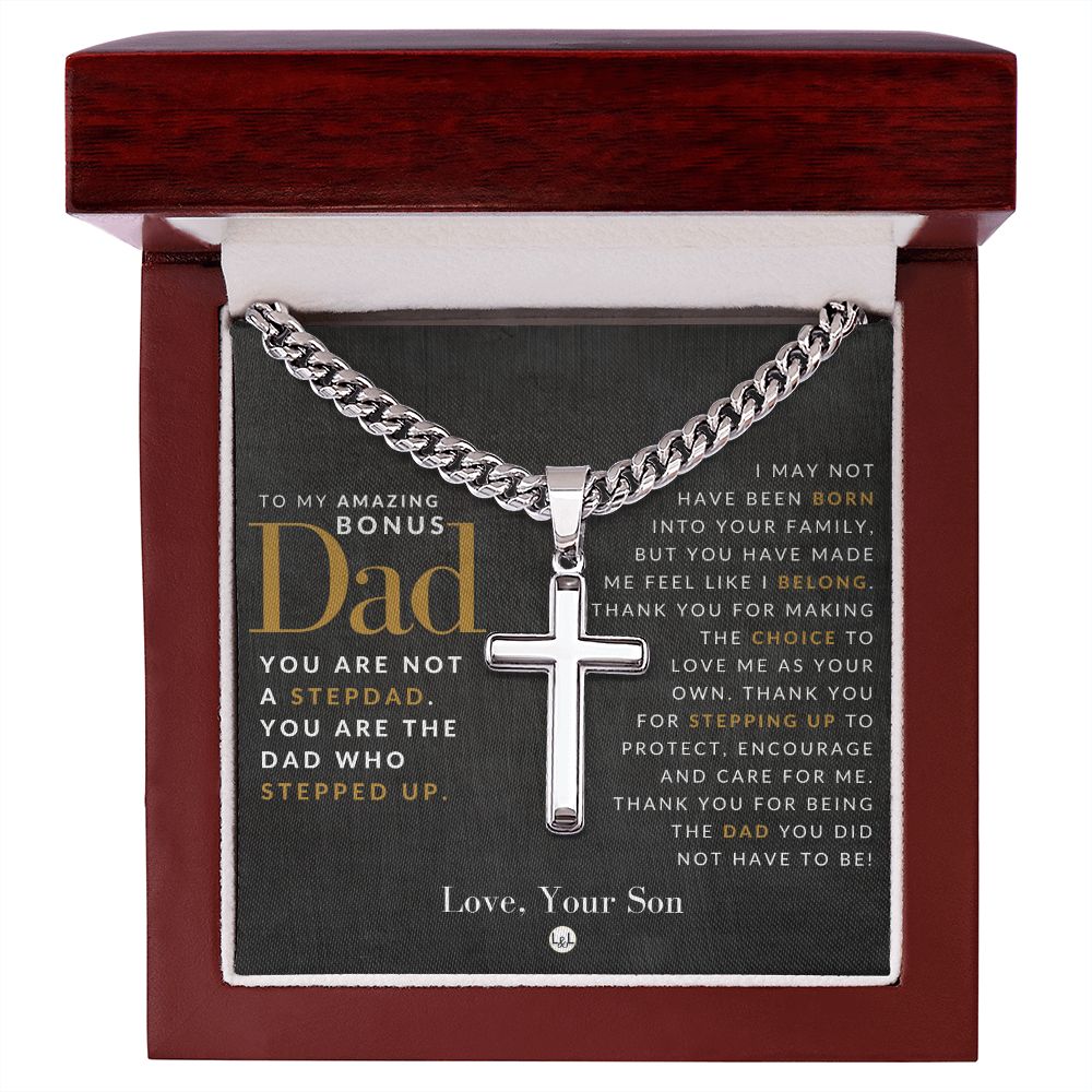 Gift For Bonus Dad, From Son - Step Dad Gift - Bonus Dad Gift - Cuban Chain with Artisan Cross Necklace - Christian Jewelry For Him For Father's Day, Christmas or His Birthday