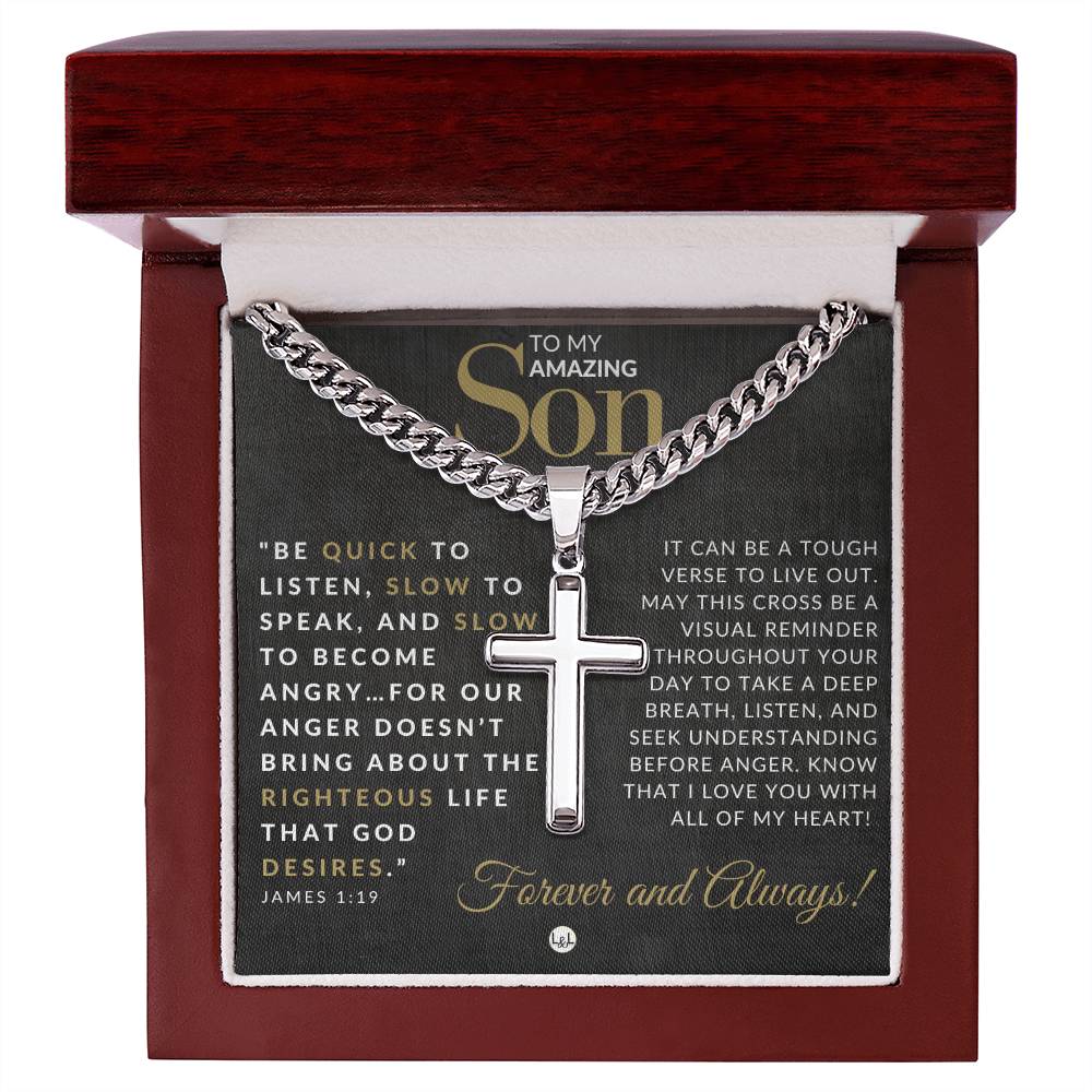 Son Gift - James 1:19 - Christian Encouragement - Christian Cross Pendant on Men's Chain Necklace - Great for Christmas, His Birthday, Baptism or Confirmation
