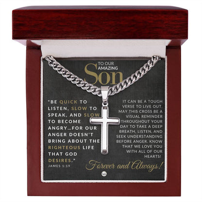 James 1:19 - Christian Cross Pendant Necklace - Gift For Our Son - Liliana and Liam