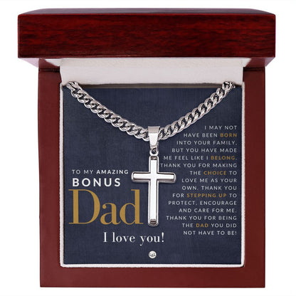 Bonus Dad - Cuban Chain with Artisan Cross Necklace - Gift for Step (Bonus) Dad - Liliana and Liam