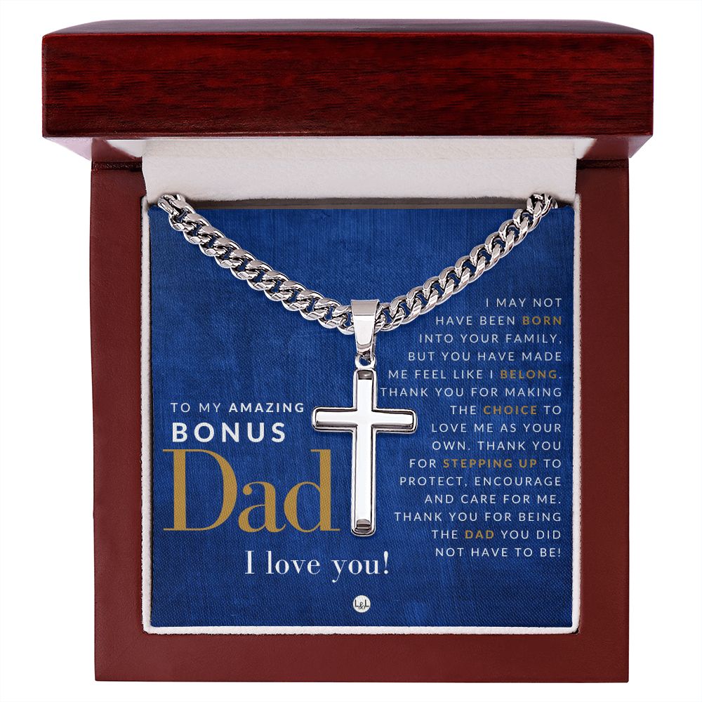 Gift For Bonus Dad - Men's Chain with Engravable Cross Necklace - Christian Jewelry For Dad For Father's Day, Christmas or His Birthday