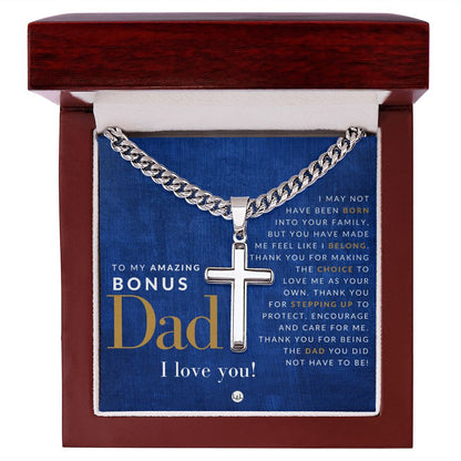 Bonus Dad - Engravable Christian Cross Necklace - Liliana and Liam